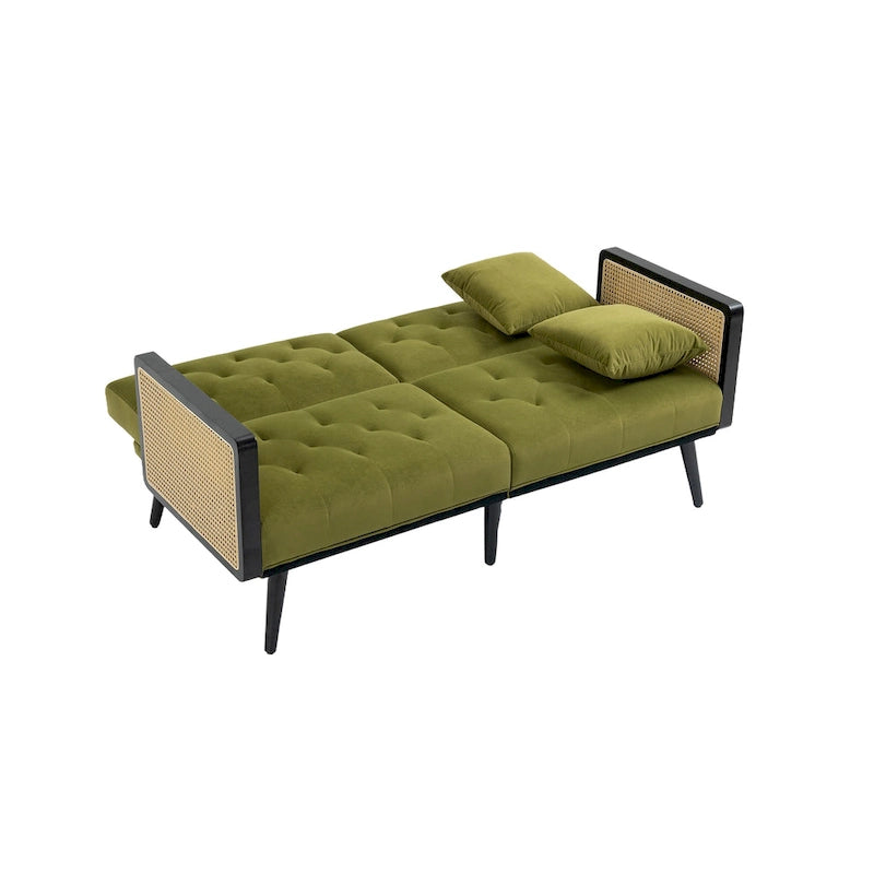Met fluweel beklede, gecapitonneerde slaap-loveseat met armleuningen en metalen poten