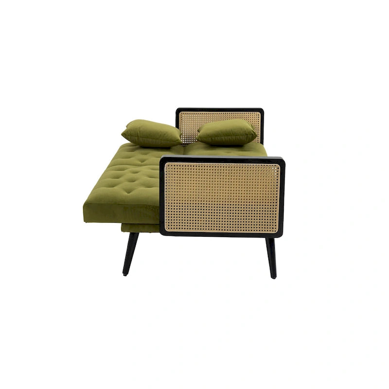 Met fluweel beklede, gecapitonneerde slaap-loveseat met armleuningen en metalen poten