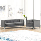 Morden Fort moderne set van 2 fauteuils en slaapbank met Dutch Velvet in grijs en ijzeren poten