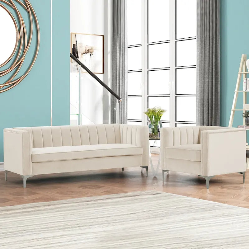 Morden Fort moderne set van 2 fauteuils en slaapbank met Dutch Velvet in grijs en ijzeren poten