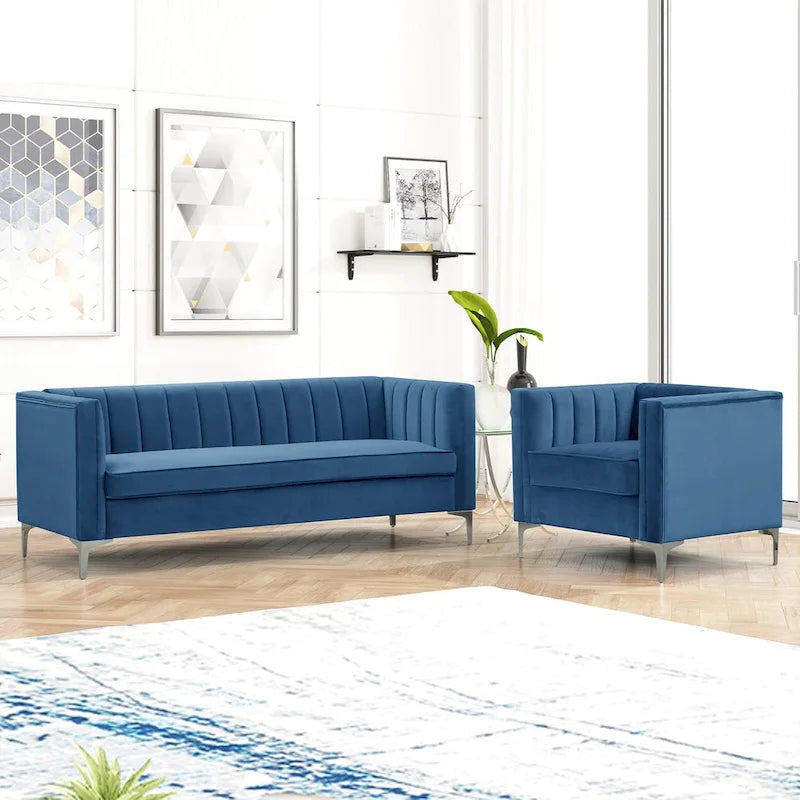 Morden Fort moderne set van 2 fauteuils en slaapbank met Dutch Velvet in grijs en ijzeren poten