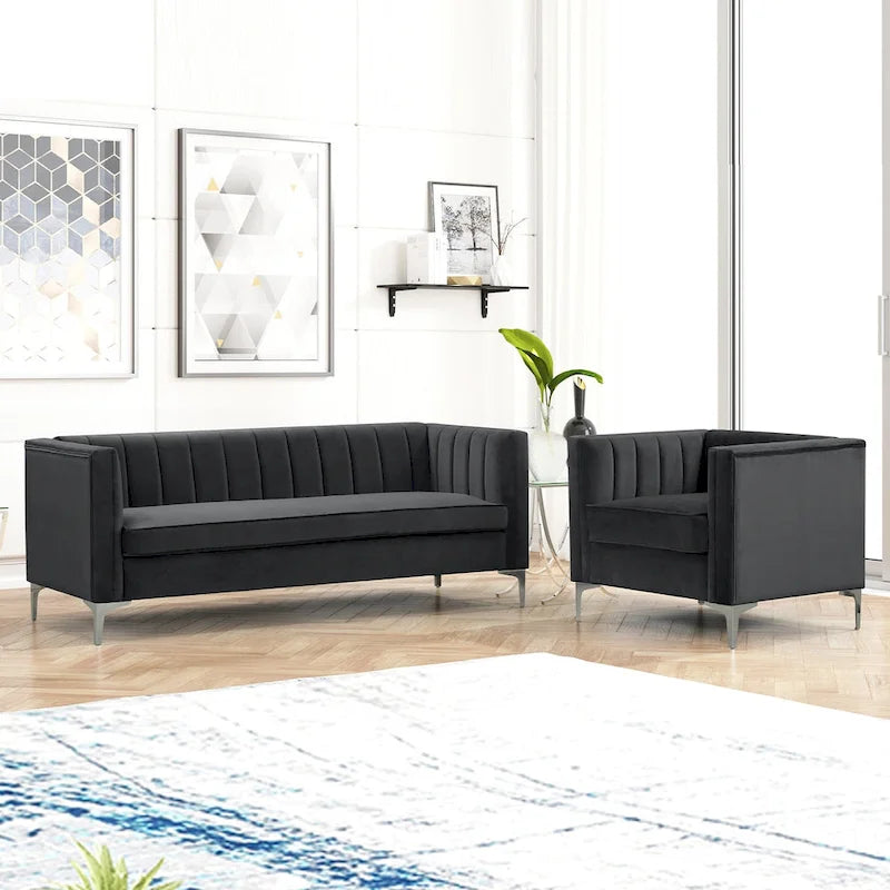 Morden Fort moderne set van 2 fauteuils en slaapbank met Dutch Velvet in grijs en ijzeren poten