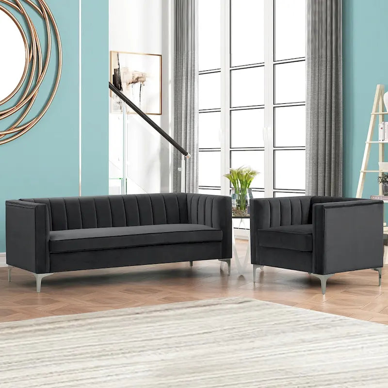 Morden Fort moderne set van 2 fauteuils en slaapbank met Dutch Velvet in grijs en ijzeren poten
