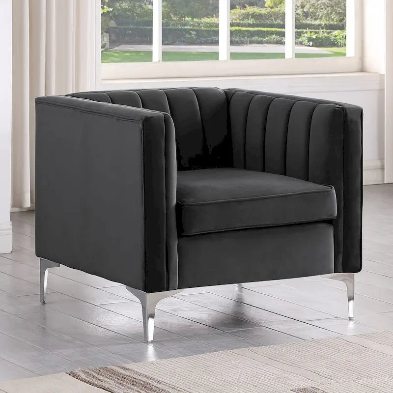 Morden Fort moderne set van 2 fauteuils en slaapbank met Dutch Velvet in grijs en ijzeren poten