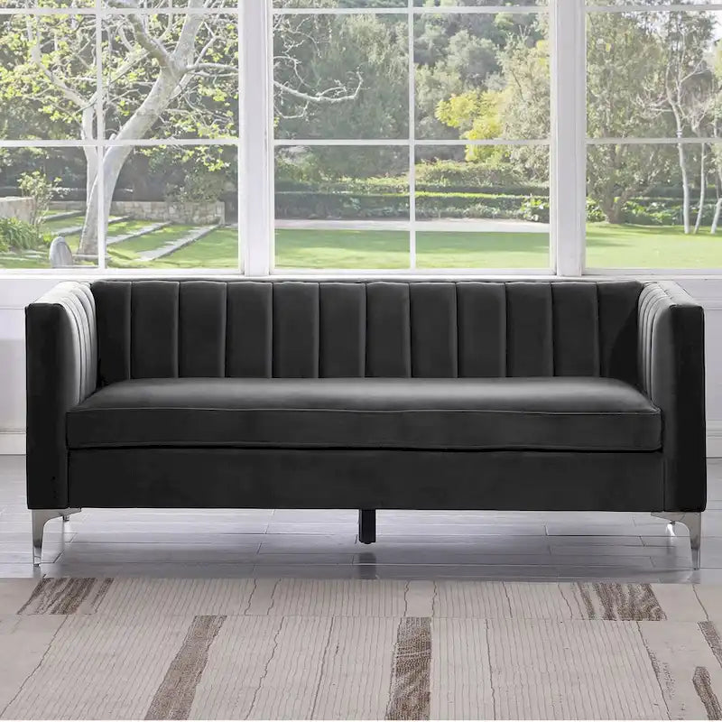 Morden Fort moderne set van 2 fauteuils en slaapbank met Dutch Velvet in grijs en ijzeren poten