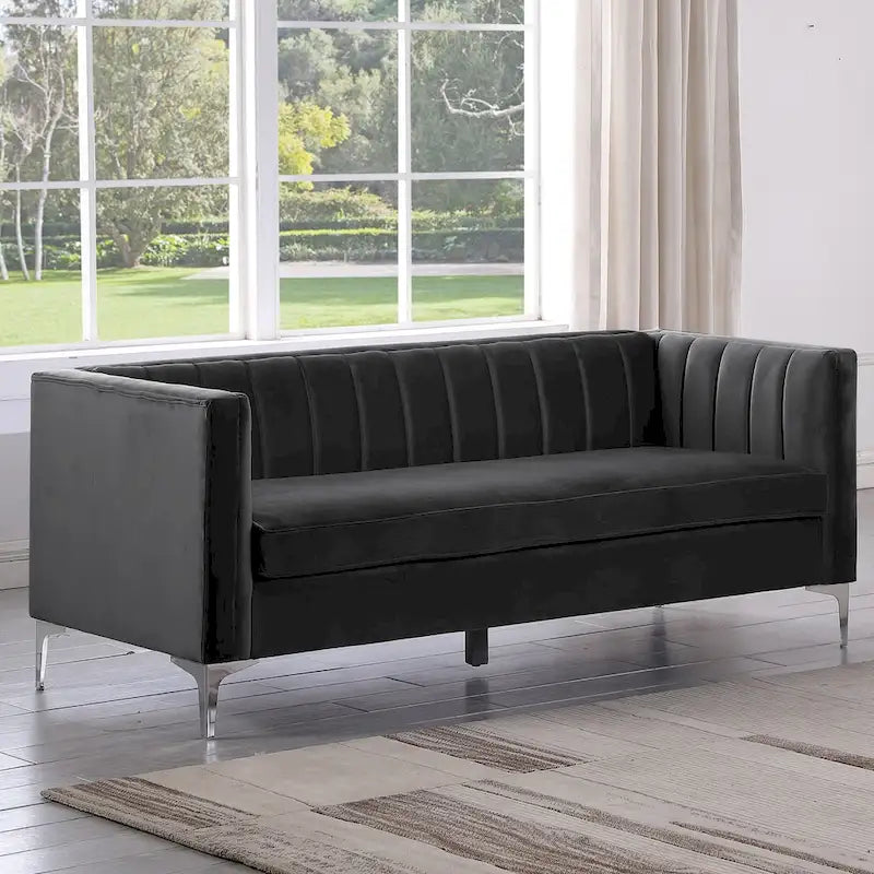 Morden Fort moderne set van 2 fauteuils en slaapbank met Dutch Velvet in grijs en ijzeren poten