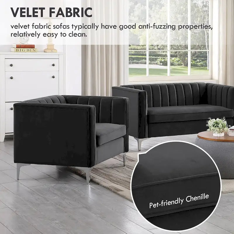 Morden Fort moderne set van 2 fauteuils en slaapbank met Dutch Velvet in grijs en ijzeren poten