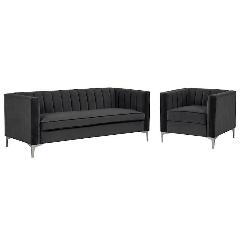 Morden Fort moderne set van 2 fauteuils en slaapbank met Dutch Velvet in grijs en ijzeren poten