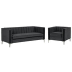 Morden Fort moderne set van 2 fauteuils en slaapbank met Dutch Velvet in grijs en ijzeren poten