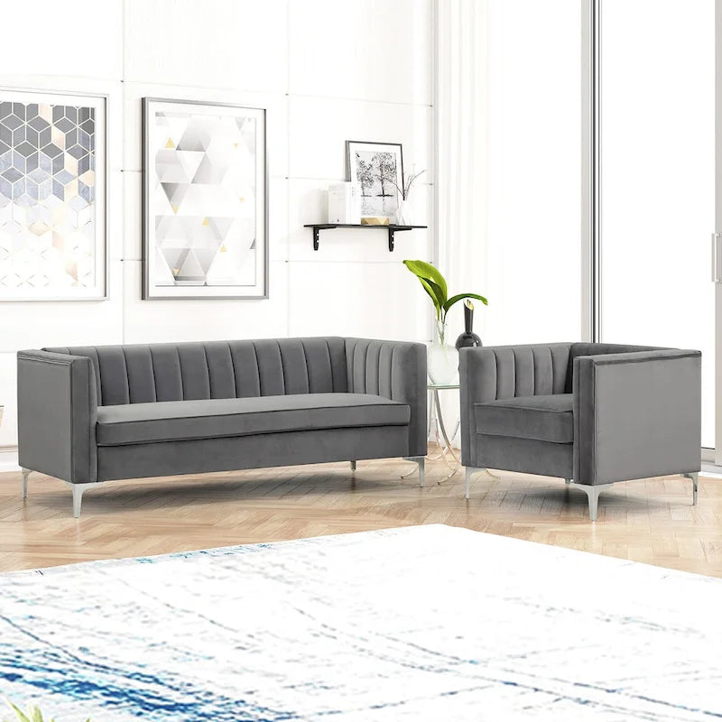 Morden Fort moderne set van 2 fauteuils en slaapbank met Dutch Velvet in grijs en ijzeren poten