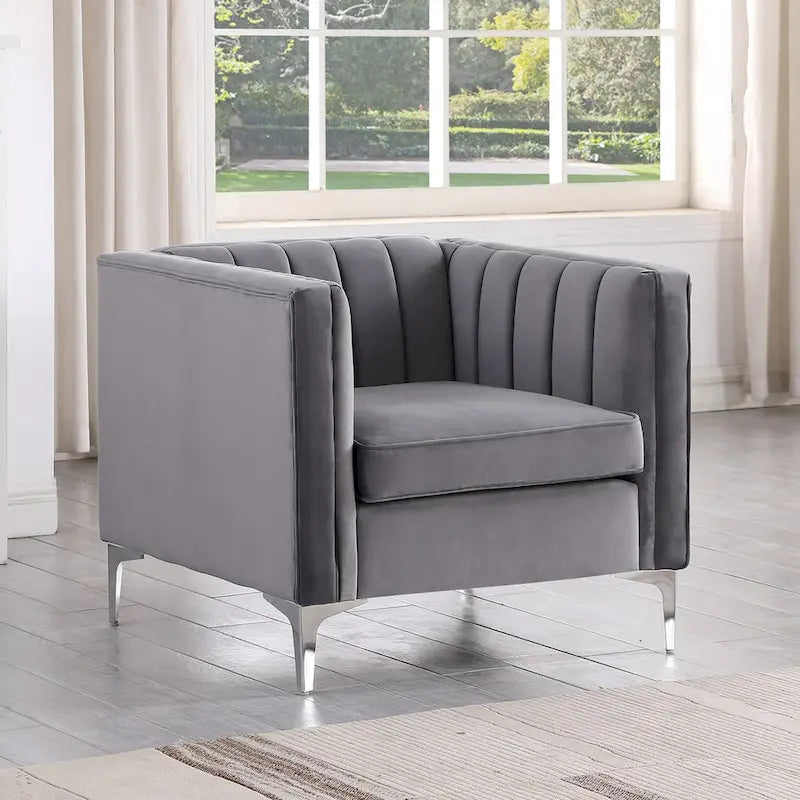 Morden Fort moderne set van 2 fauteuils en slaapbank met Dutch Velvet in grijs en ijzeren poten