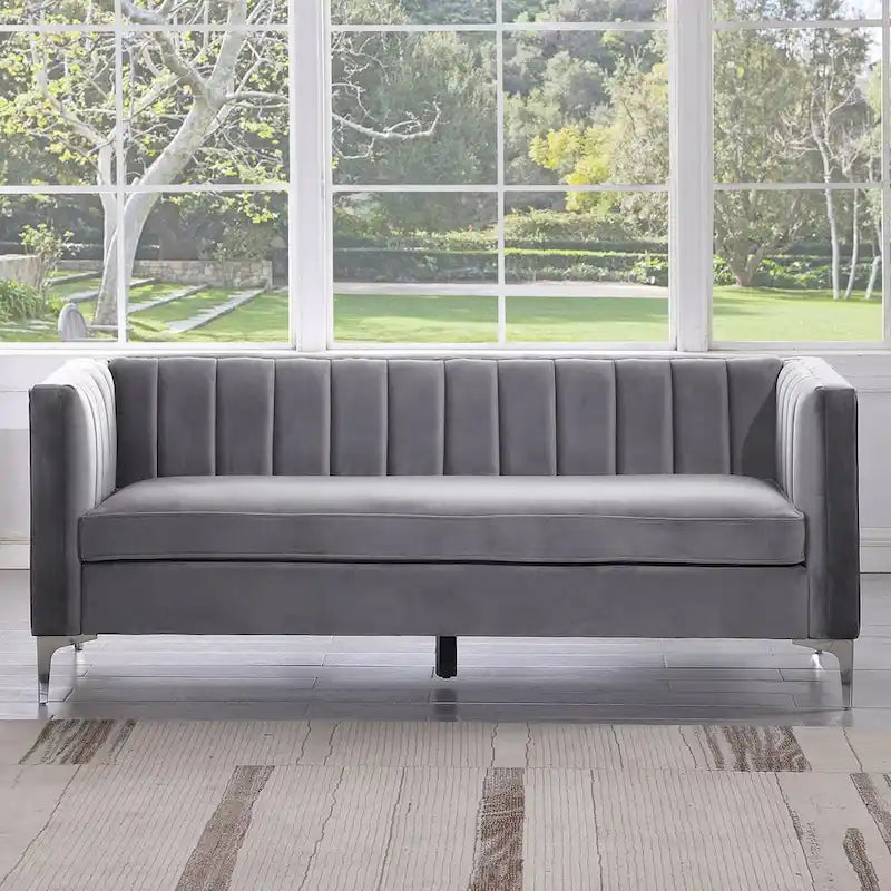 Morden Fort moderne set van 2 fauteuils en slaapbank met Dutch Velvet in grijs en ijzeren poten