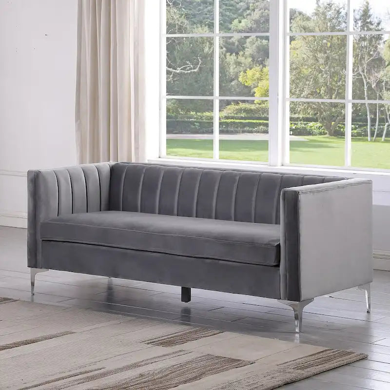Morden Fort moderne set van 2 fauteuils en slaapbank met Dutch Velvet in grijs en ijzeren poten