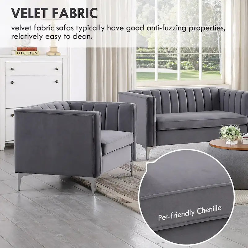 Morden Fort moderne set van 2 fauteuils en slaapbank met Dutch Velvet in grijs en ijzeren poten