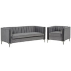 Morden Fort moderne set van 2 fauteuils en slaapbank met Dutch Velvet in grijs en ijzeren poten
