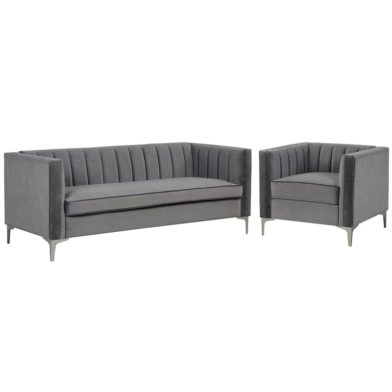 Morden Fort moderne set van 2 fauteuils en slaapbank met Dutch Velvet in grijs en ijzeren poten