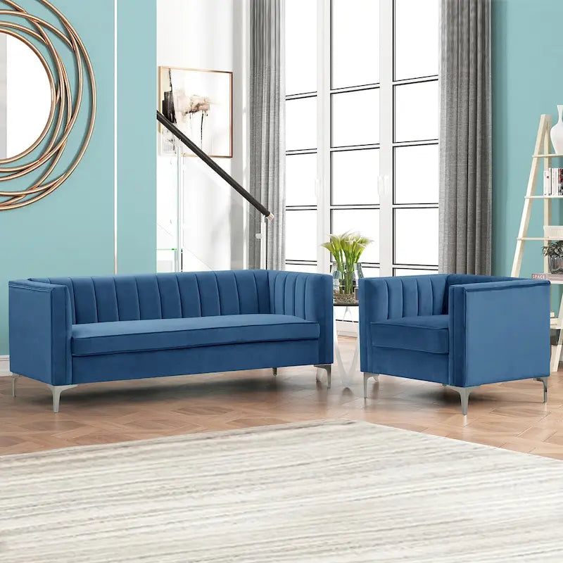 Morden Fort moderne set van 2 fauteuils en slaapbank met Dutch Velvet in grijs en ijzeren poten