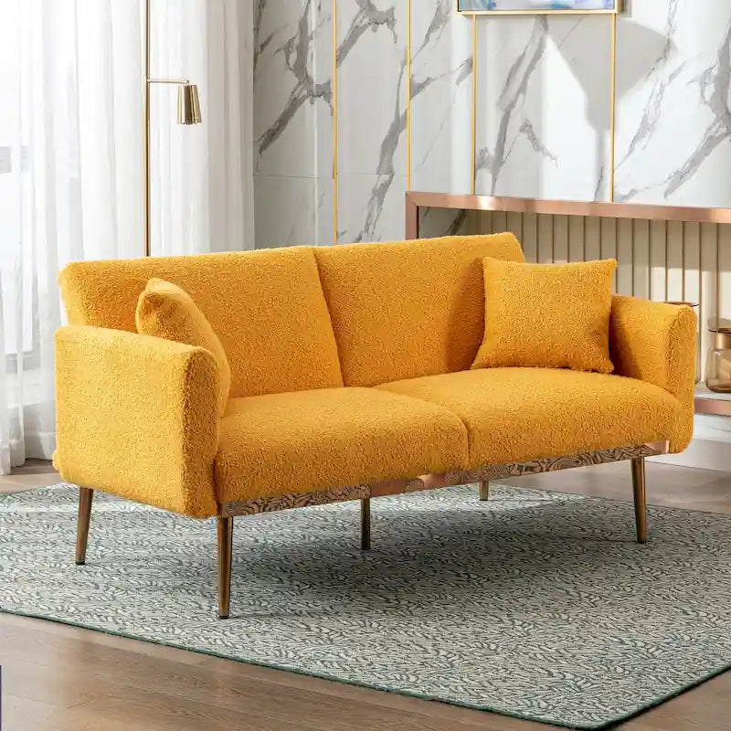 Gepolsterte Zweisitzerschlafsofas aus Teddy-Stoff mit Knopfheftung und roségoldenen Beinen