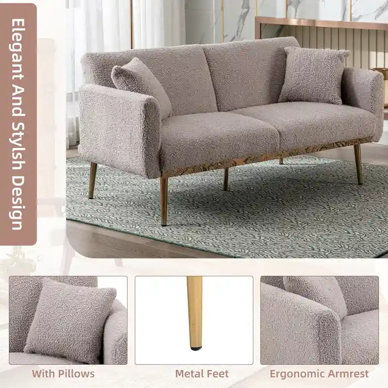 Gepolsterte Zweisitzerschlafsofas aus Teddy-Stoff mit Knopfheftung und roségoldenen Beinen