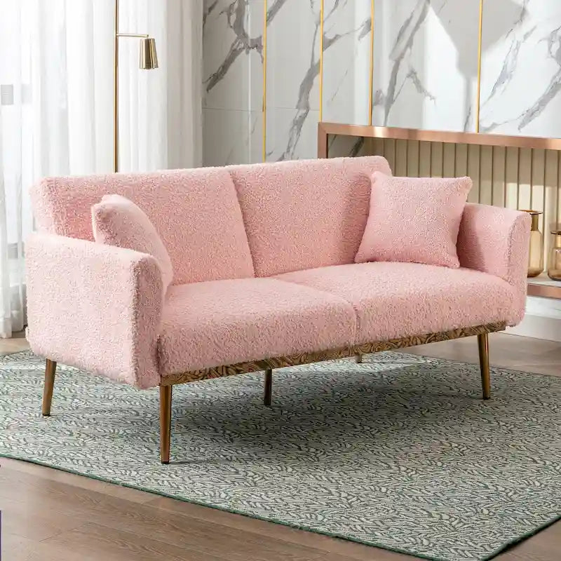Gepolsterte Zweisitzerschlafsofas aus Teddy-Stoff mit Knopfheftung und roségoldenen Beinen