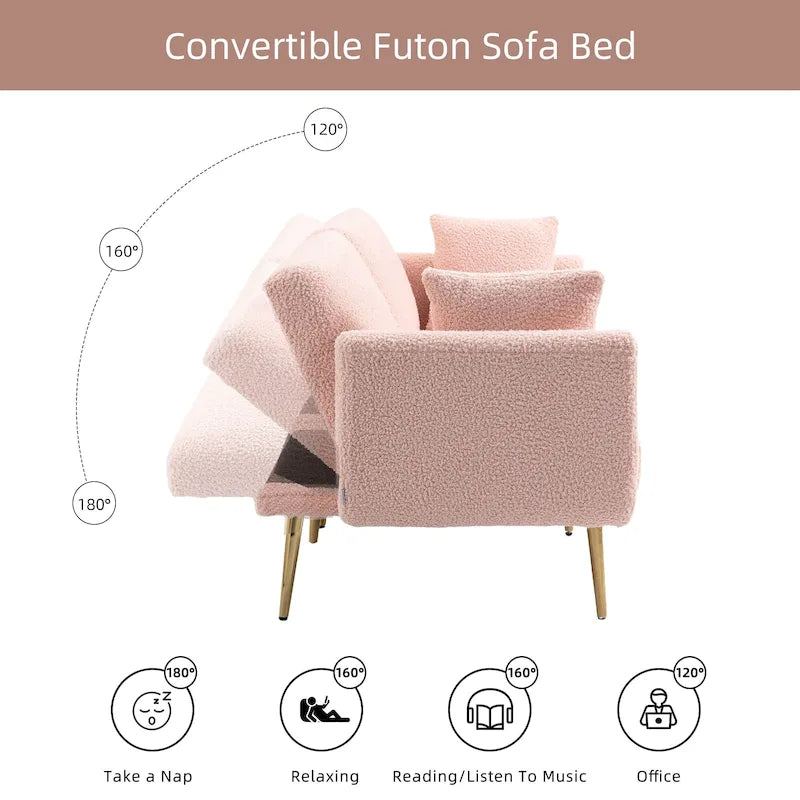 Gepolsterte Zweisitzerschlafsofas aus Teddy-Stoff mit Knopfheftung und roségoldenen Beinen