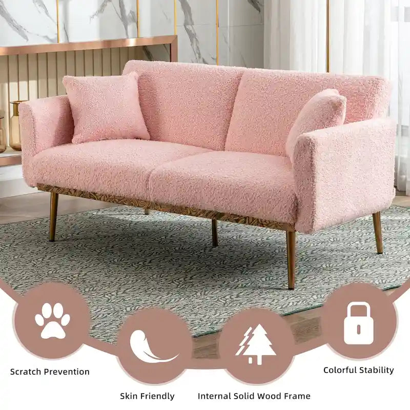 Gepolsterte Zweisitzerschlafsofas aus Teddy-Stoff mit Knopfheftung und roségoldenen Beinen