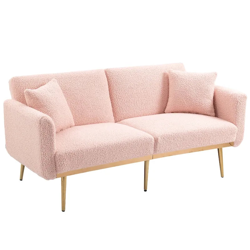 Gepolsterte Zweisitzerschlafsofas aus Teddy-Stoff mit Knopfheftung und roségoldenen Beinen