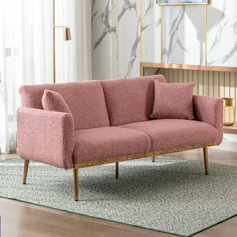 Gepolsterte Zweisitzerschlafsofas aus Teddy-Stoff mit Knopfheftung und roségoldenen Beinen