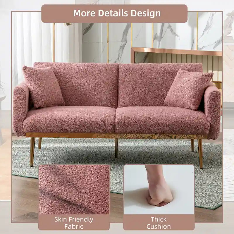 Gepolsterte Zweisitzerschlafsofas aus Teddy-Stoff mit Knopfheftung und roségoldenen Beinen