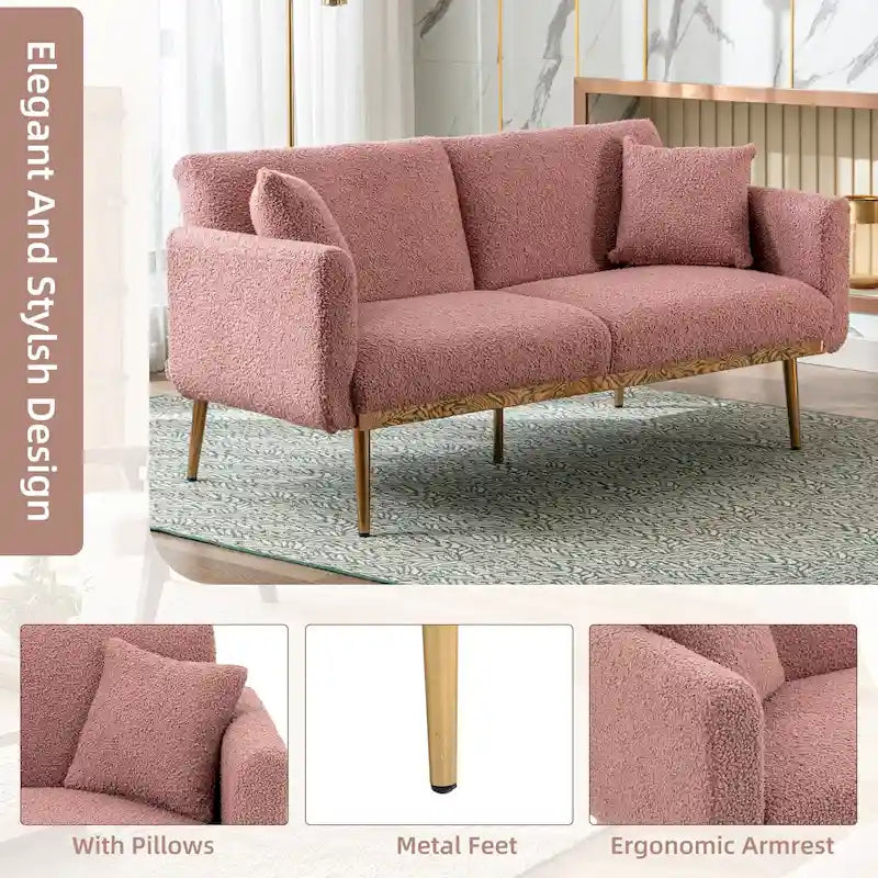 Gepolsterte Zweisitzerschlafsofas aus Teddy-Stoff mit Knopfheftung und roségoldenen Beinen