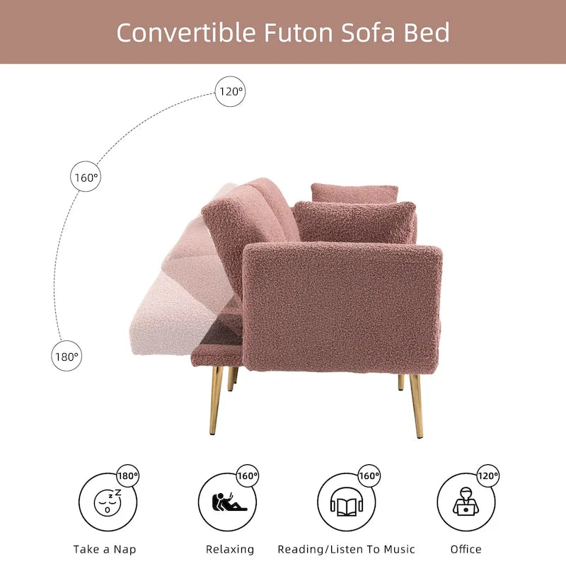 Gepolsterte Zweisitzerschlafsofas aus Teddy-Stoff mit Knopfheftung und roségoldenen Beinen