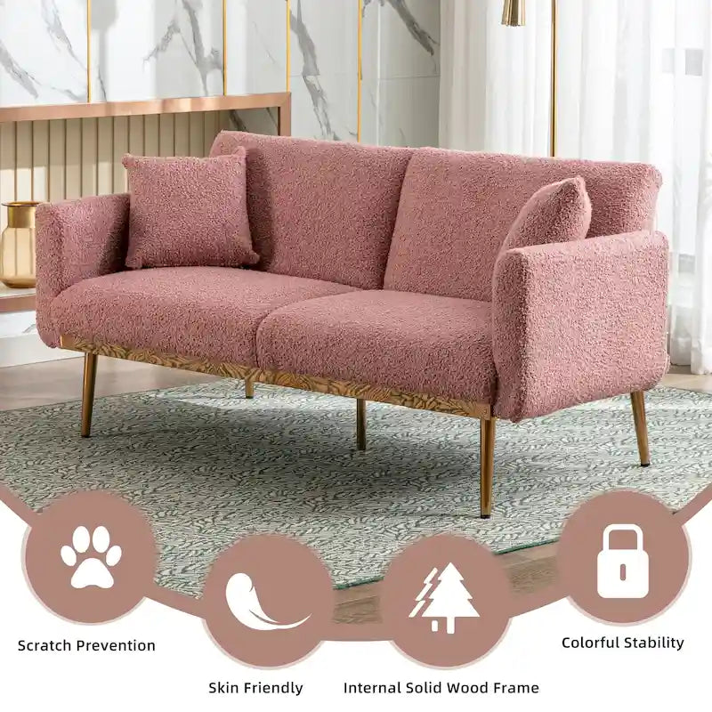 Gepolsterte Zweisitzerschlafsofas aus Teddy-Stoff mit Knopfheftung und roségoldenen Beinen