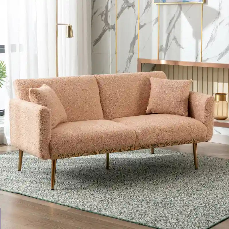 Gepolsterte Zweisitzerschlafsofas aus Teddy-Stoff mit Knopfheftung und roségoldenen Beinen