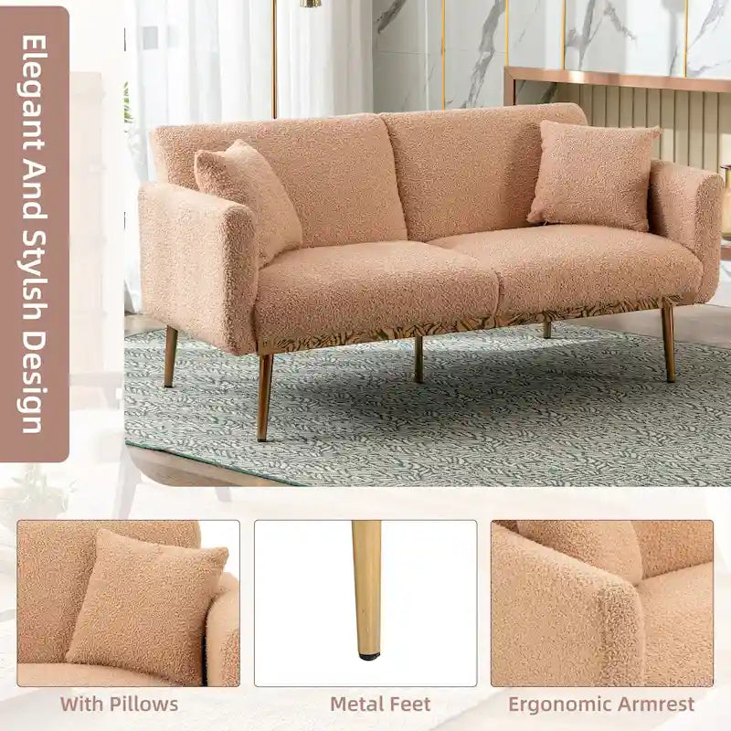 Gepolsterte Zweisitzerschlafsofas aus Teddy-Stoff mit Knopfheftung und roségoldenen Beinen