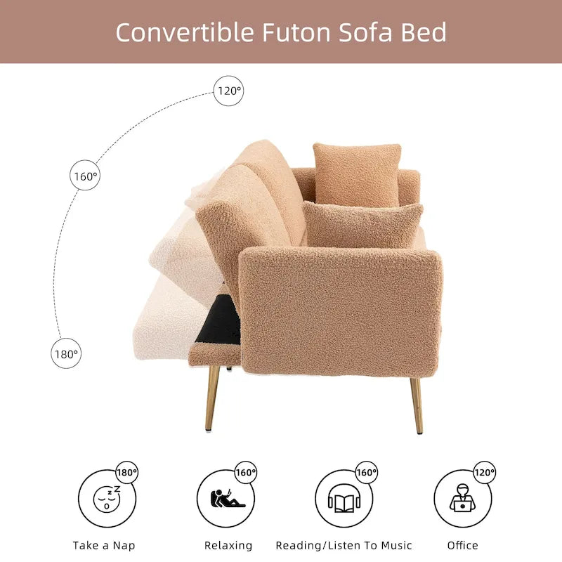 Gepolsterte Zweisitzerschlafsofas aus Teddy-Stoff mit Knopfheftung und roségoldenen Beinen