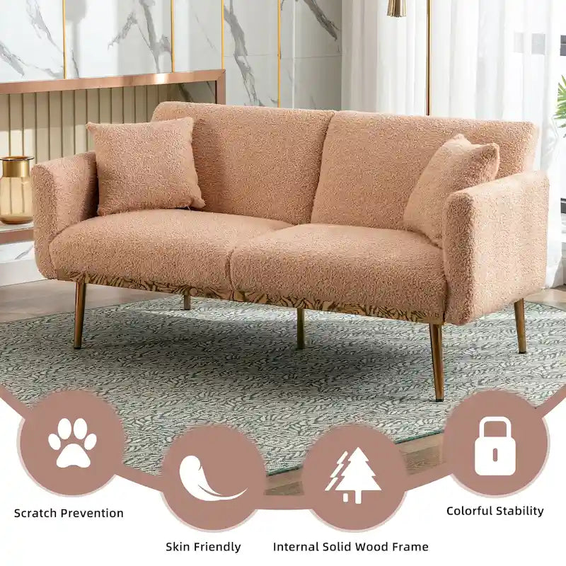 Gepolsterte Zweisitzerschlafsofas aus Teddy-Stoff mit Knopfheftung und roségoldenen Beinen