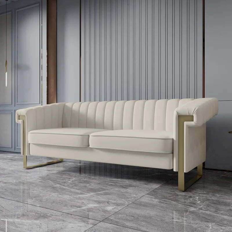Canapé Chesterfield traditionnel capitonné en velours Takefuns, avec coussins amovibles et pieds dorés