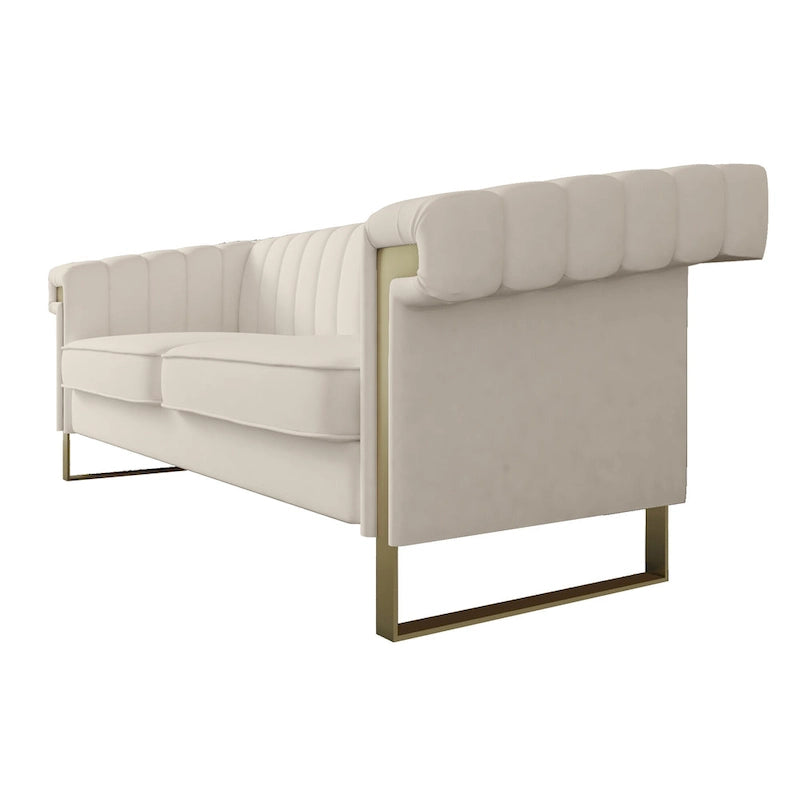 Canapé Chesterfield traditionnel capitonné en velours Takefuns, avec coussins amovibles et pieds dorés