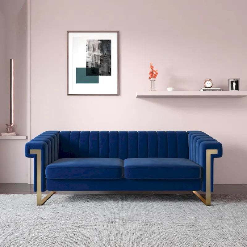 Canapé Chesterfield traditionnel capitonné en velours Takefuns, avec coussins amovibles et pieds dorés