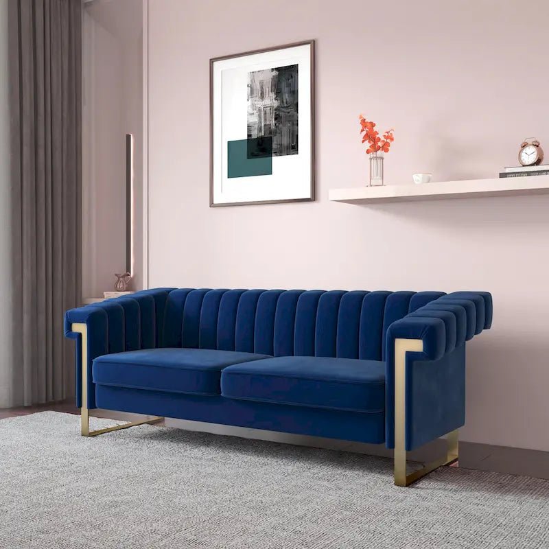 Canapé Chesterfield traditionnel capitonné en velours Takefuns, avec coussins amovibles et pieds dorés