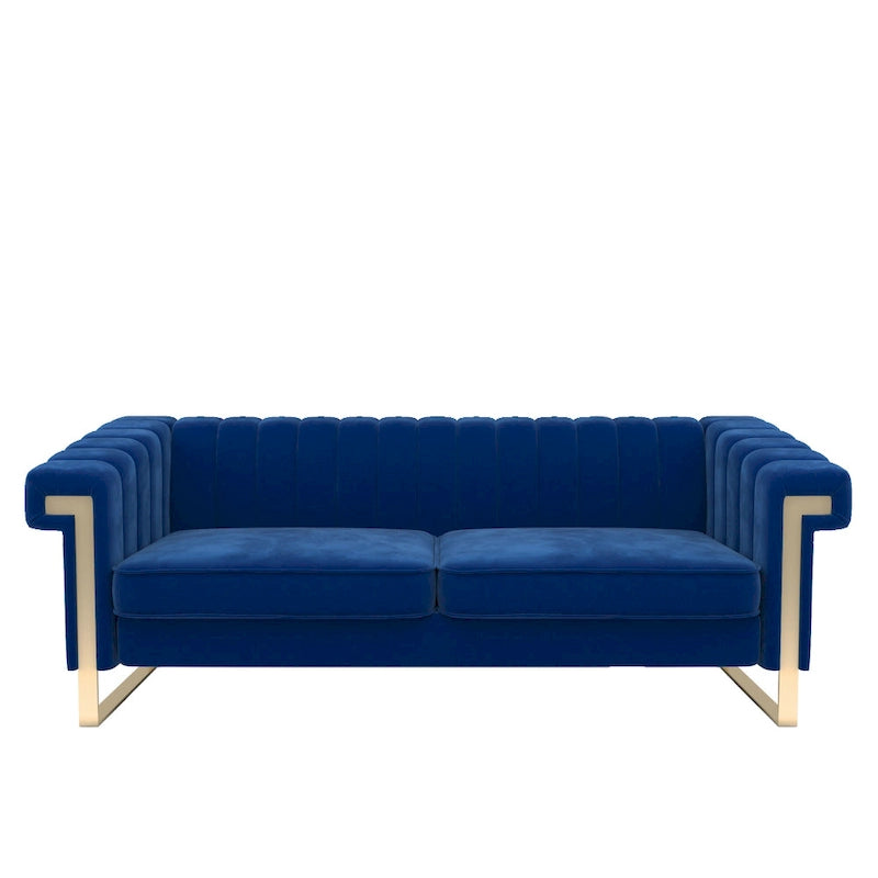 Canapé Chesterfield traditionnel capitonné en velours Takefuns, avec coussins amovibles et pieds dorés