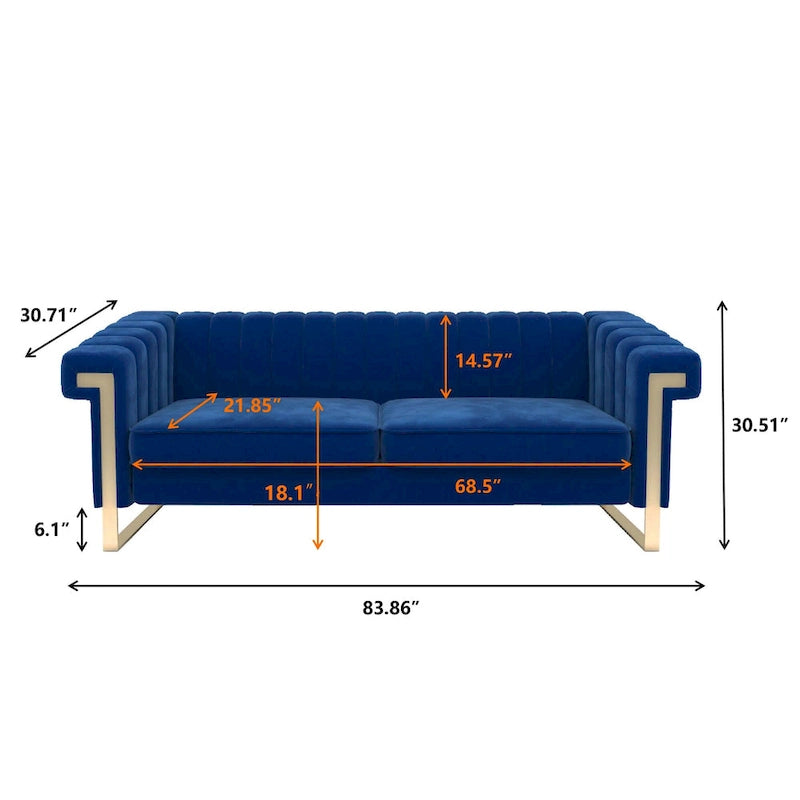 Canapé Chesterfield traditionnel capitonné en velours Takefuns, avec coussins amovibles et pieds dorés