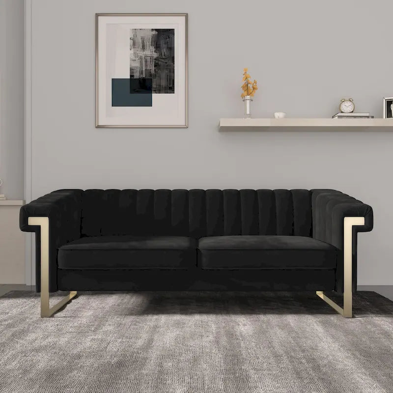 Canapé Chesterfield traditionnel capitonné en velours Takefuns, avec coussins amovibles et pieds dorés