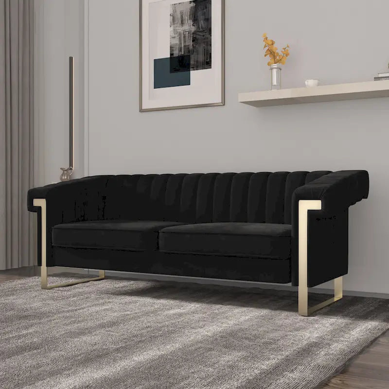 Canapé Chesterfield traditionnel capitonné en velours Takefuns, avec coussins amovibles et pieds dorés