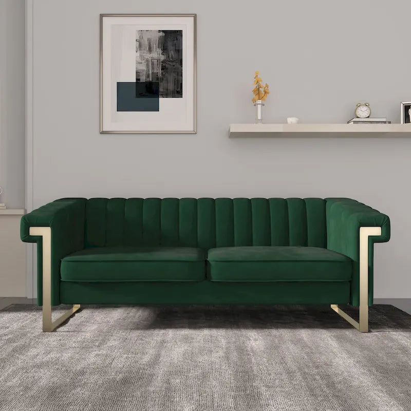 Canapé Chesterfield traditionnel capitonné en velours Takefuns, avec coussins amovibles et pieds dorés