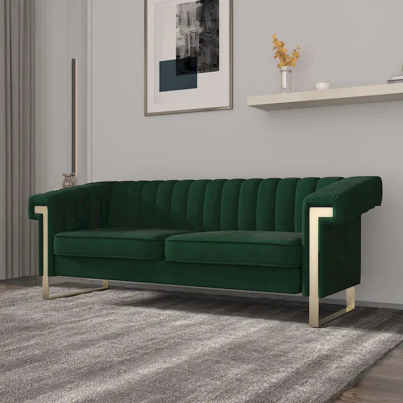 Canapé Chesterfield traditionnel capitonné en velours Takefuns, avec coussins amovibles et pieds dorés