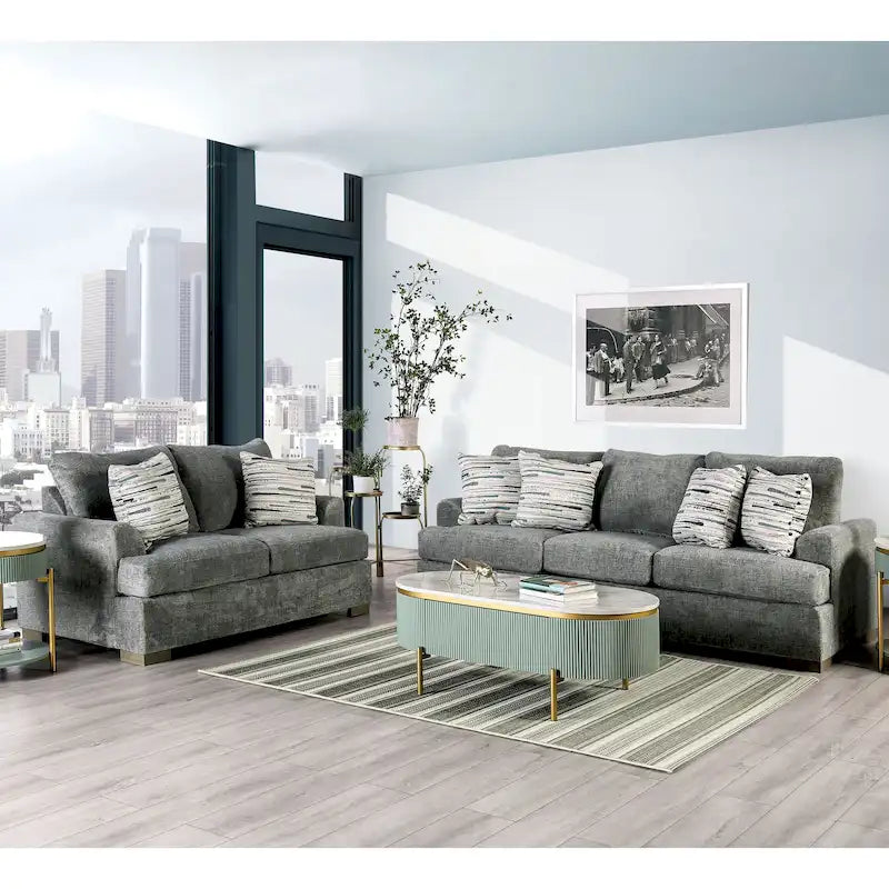 Furniture of America Nort Geçiş Tarzı Kumaş Döşemeli, Dışa Açılan Kollu 2 Parçalı Kanepe Takımı