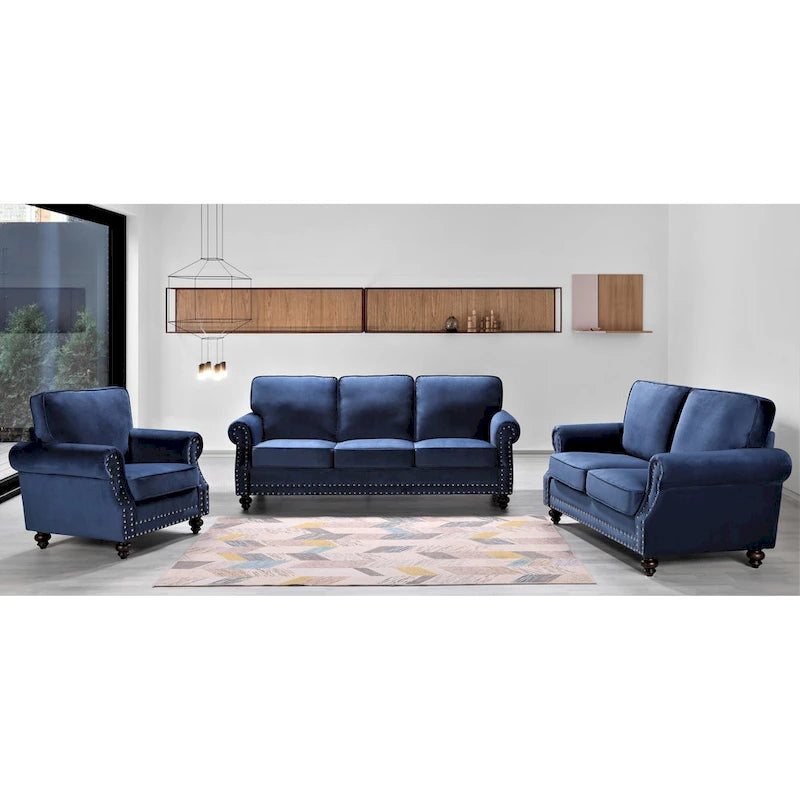 Ramos 3-teiliges Samt-Set mit Nagelkopfverzierung – Loveseat, Sofa und Sessel