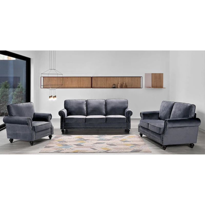 Ramos 3-teiliges Samt-Set mit Nagelkopfverzierung – Loveseat, Sofa und Sessel