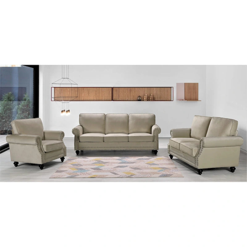 Ramos 3-teiliges Samt-Set mit Nagelkopfverzierung – Loveseat, Sofa und Sessel